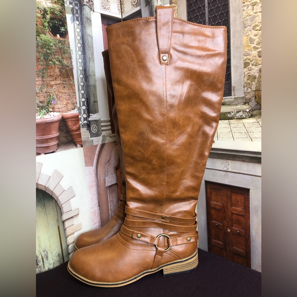 New Journee Collection Brown Knee High Leatherette Zip Up Riding Boot